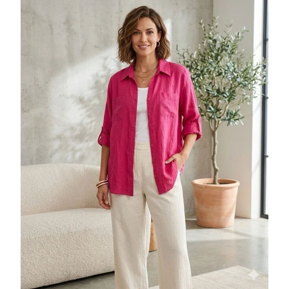 JM Collection Linen Blouse Womens Plus Sz 22W Roll Tab Sleeve Pink Button Up New - Picture 10 of 10